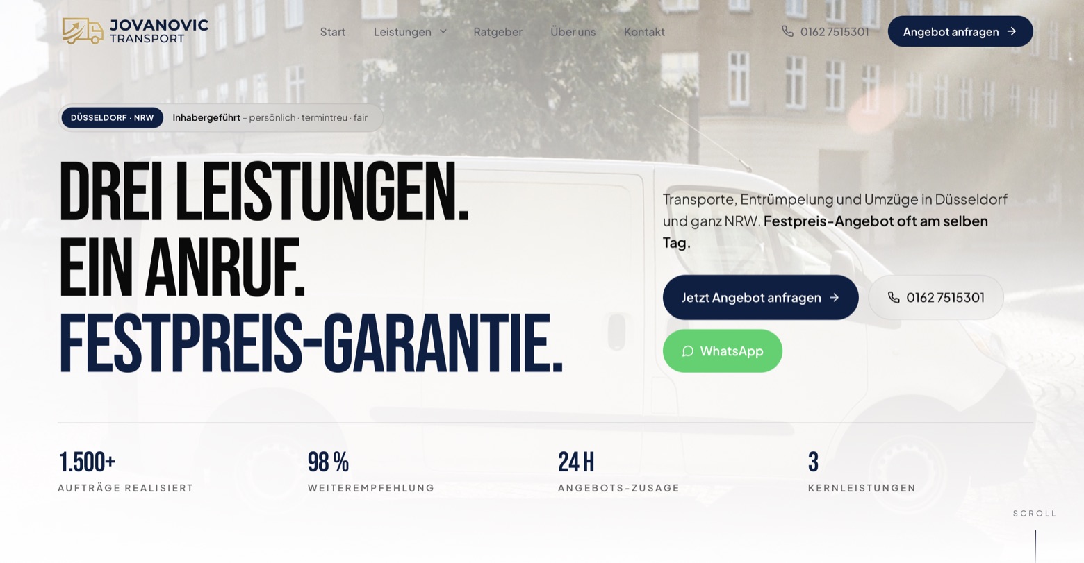 Startseite von Jovanovic Transport: Drei Leistungen, ein Anruf, Festpreis-Garantie