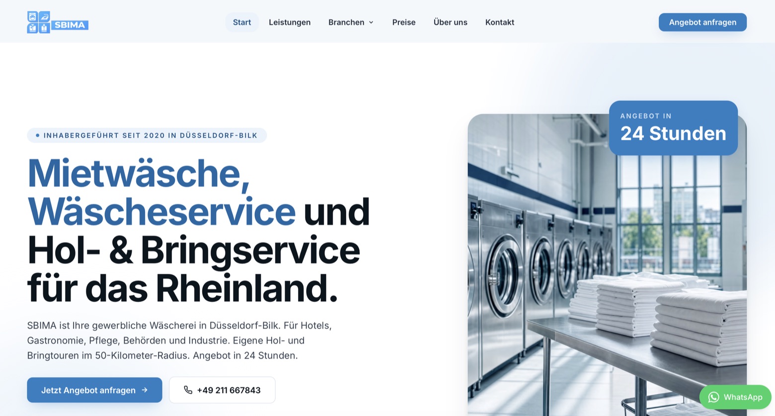 Startseite der SBIMA Wäscherei: Mietwäsche, Wäscheservice und Hol- und Bringservice für das Rheinland