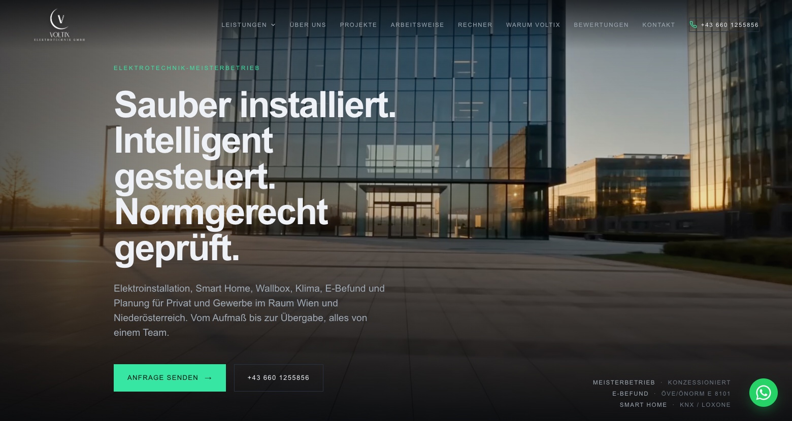 Startseite von VOLTIX Elektrotechnik: Sauber installiert, intelligent gesteuert, normgerecht geprüft