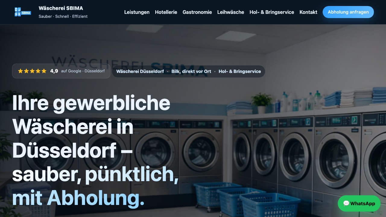 Screenshot der Website von SBIMA Wäscherei Düsseldorf - Live-Referenz von JP Webstudio